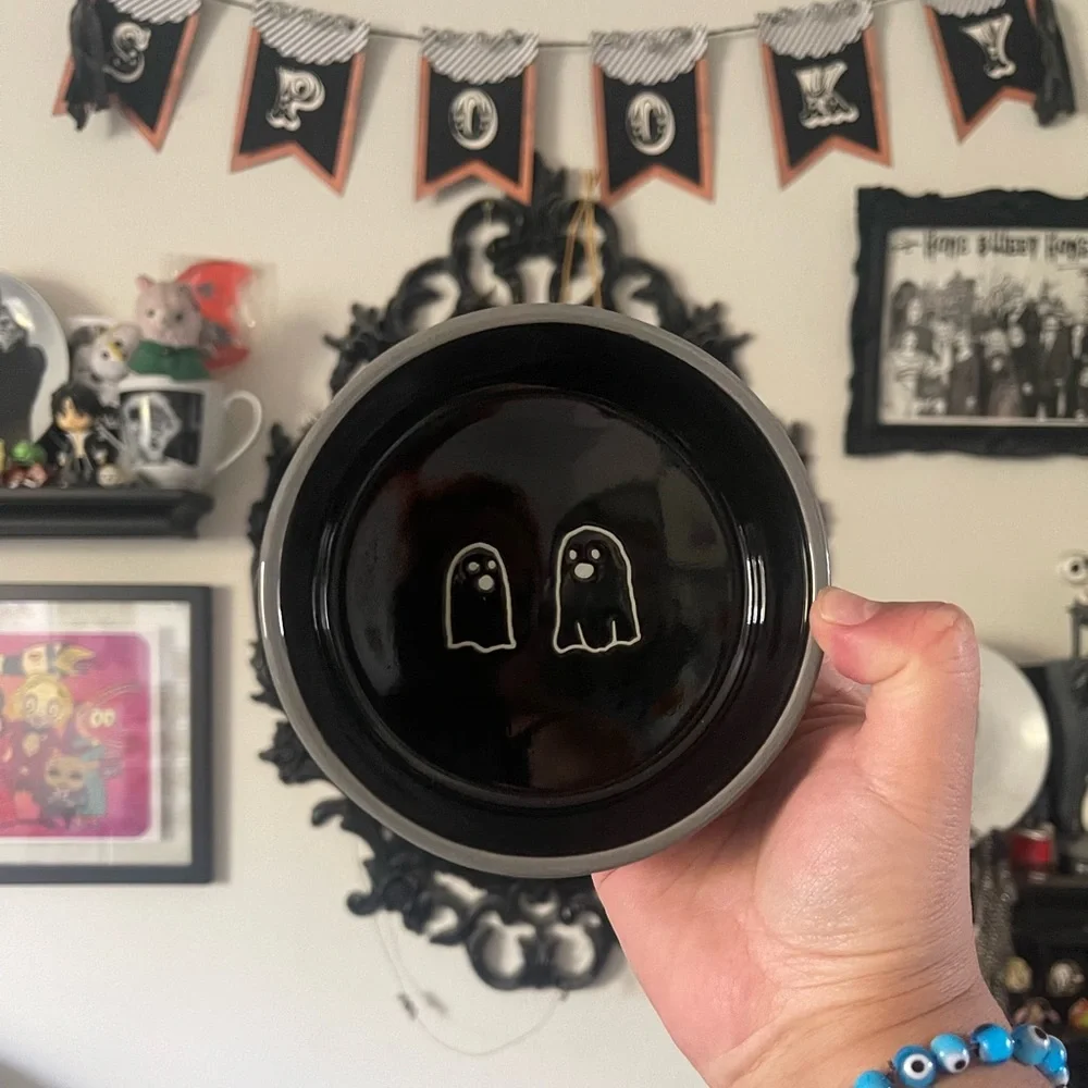 New Rae Dunn Gray Spooky Halloween Cat Pet Bowl